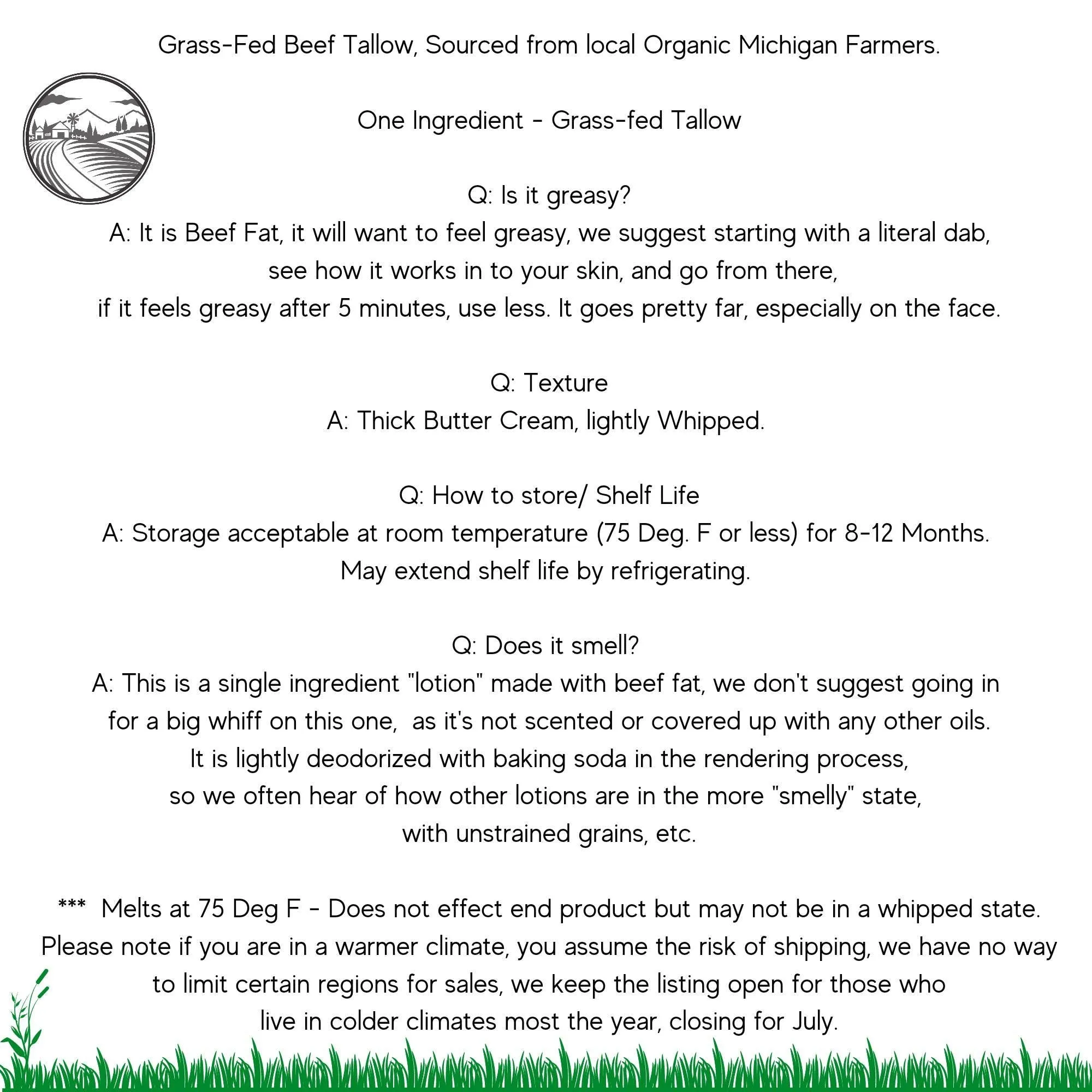 16 oz. PLAIN Grass-fed Tallow Body Butter | New Born Babies & Children, Unscented For Dry Sensitive Skin - Fragrance Free