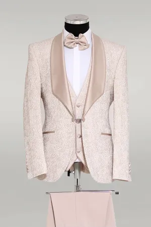 3-Piece Patterned Single Button Satin Lapel Cream Men's Tuxedo with Bow Tie - Wessi