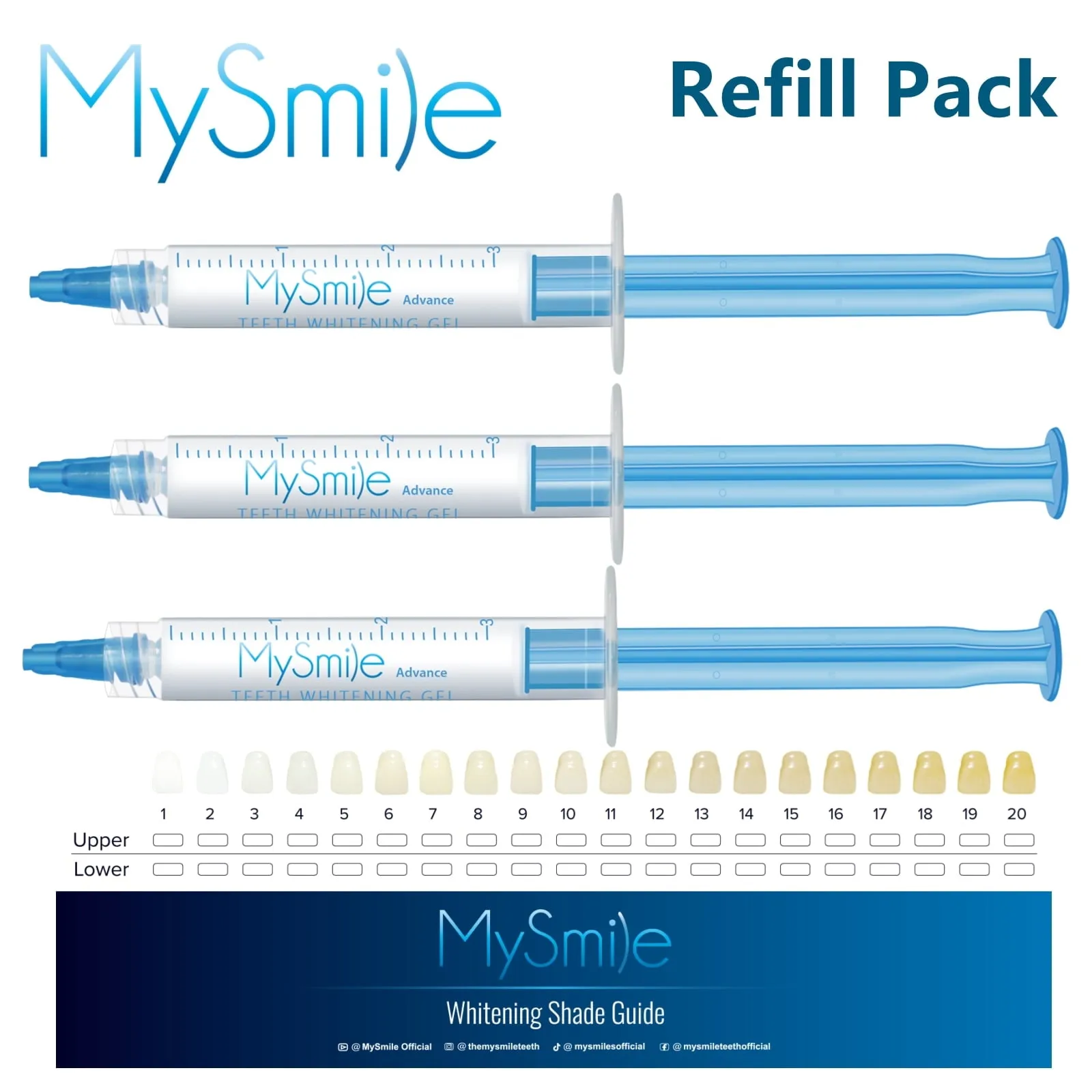 3pc MySmile Teeth Whitening Gel Refill Pack Tooth Whitener 3ml 35% CP 18 Treatments, No Light, Mint