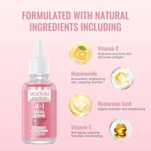 5 in 1 Vitamin C Facial Serums with Hyaluronic Acid, Vitamin E, Niacinamide, Vitamin C Face Serum for Dull Dry Skin, Facial Serum for Dark Spots, Fine Lines & Wrinkles, 1 Fl Oz