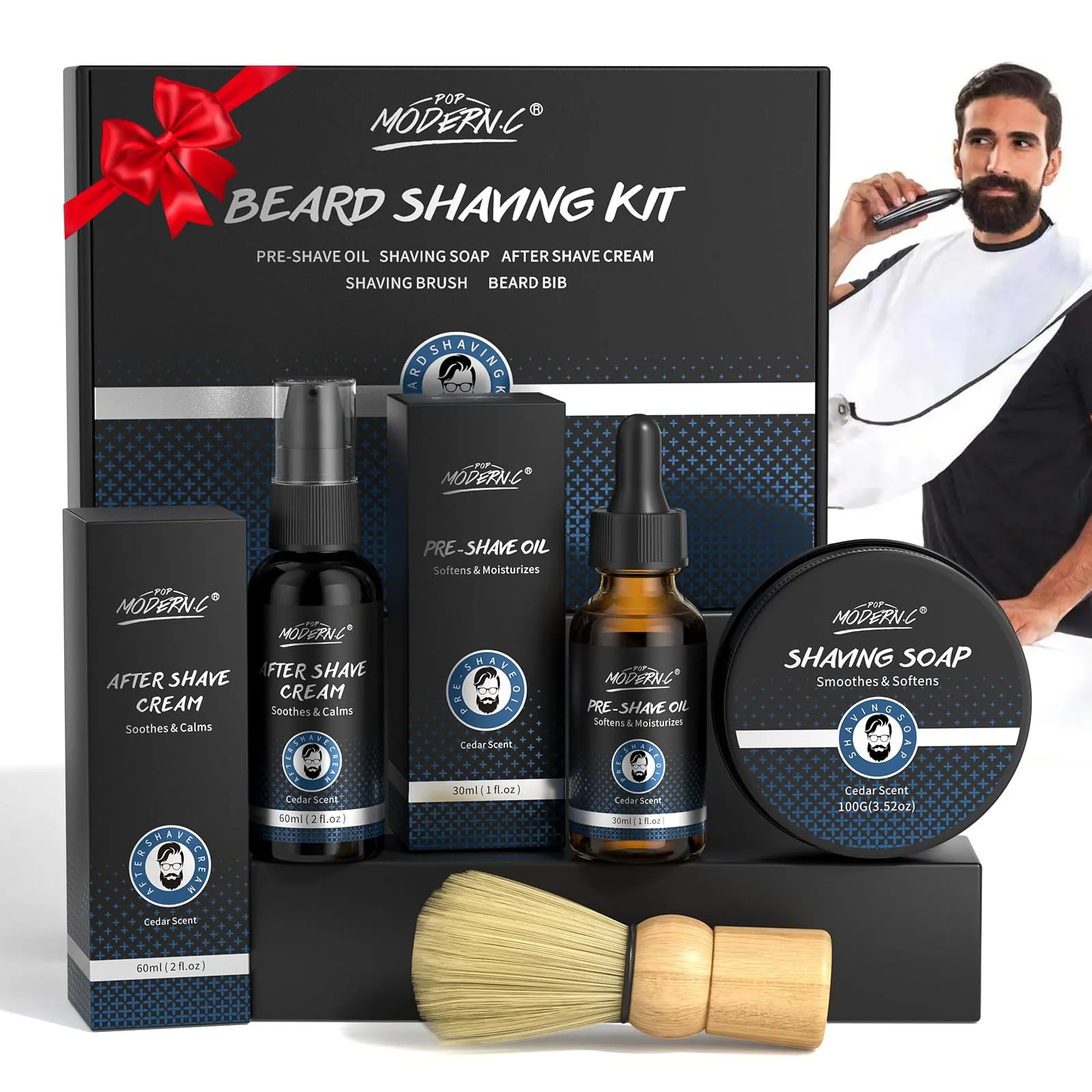 5 Piece Shaving Set for Men Gift Set Includes Shaving Soap, Butter, Beard, Bib Apron, Shaving Oil, Aftershave Lotion, Cream, Shaving Brush, Men's Shave