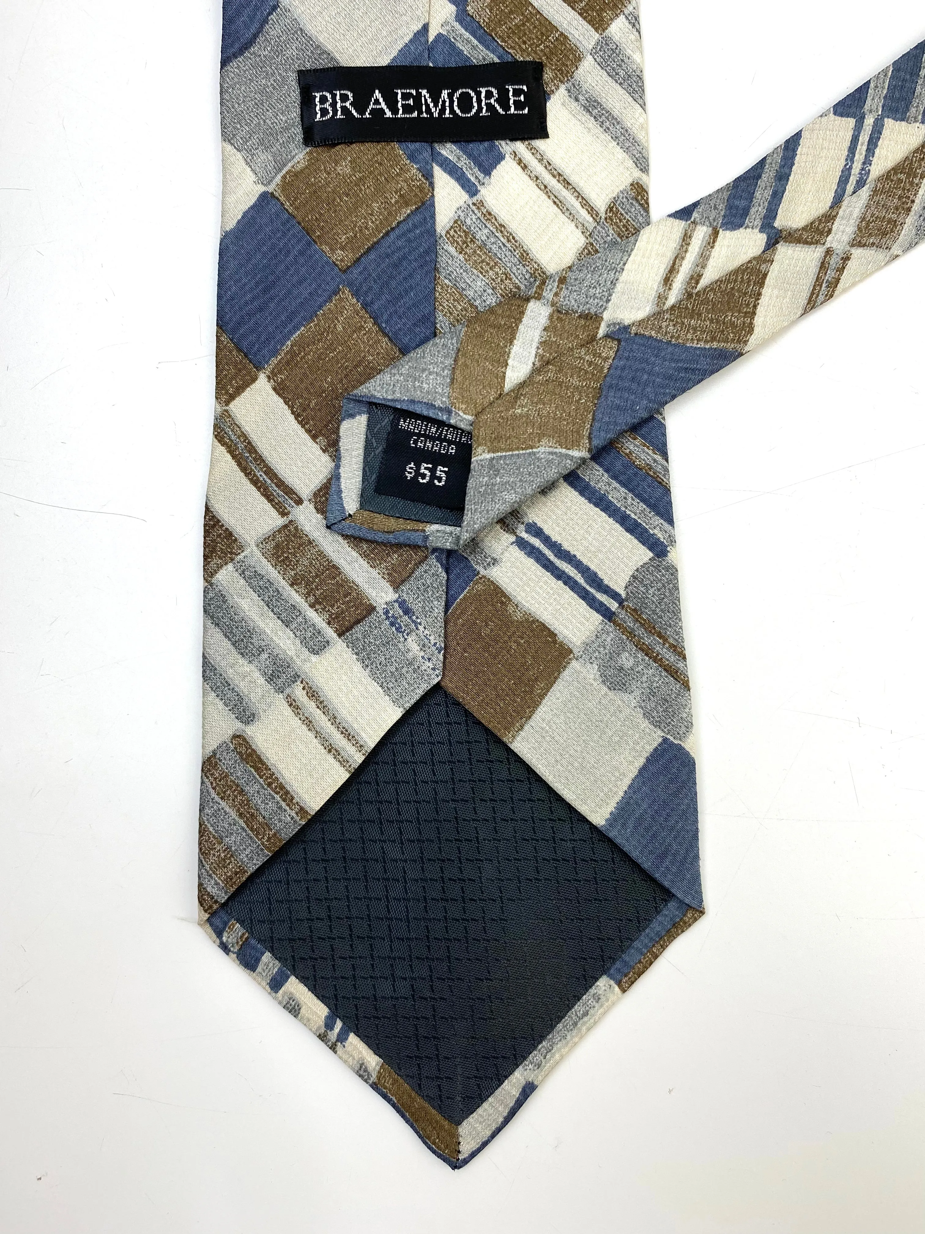 90s Deadstock Silk Necktie, Men's Vintage Taupe/ Blue/ Cream Check Pattern Tie, NOS