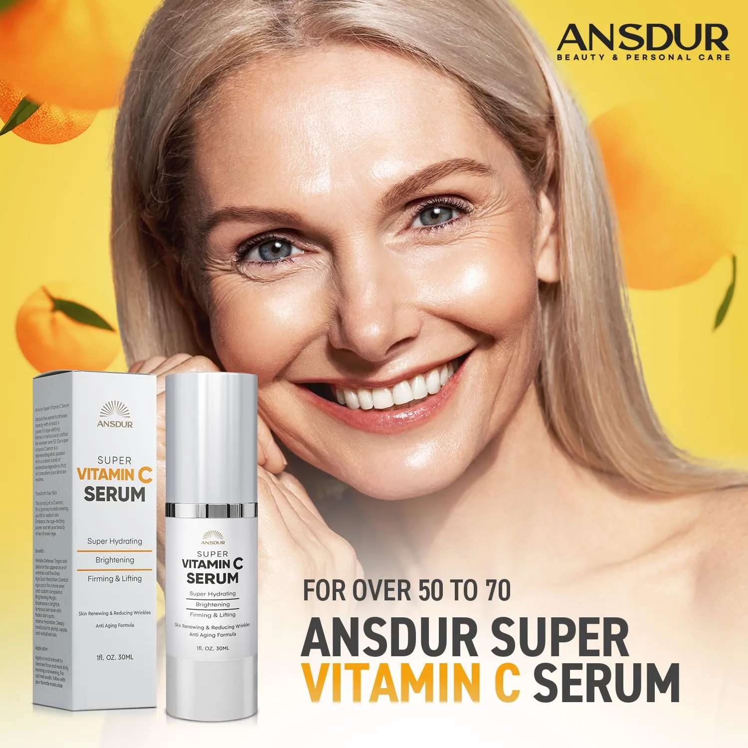 ANSDUR Super Vitamin C Serum for Women Over 70: Vitamin C Face Serum, Niacinamide, Bakuchiol, Hyaluronic Acid, Hydrating, Lifting, Reduces Aging Spots and Wrinkles - Korean Skin Care, 1 fl oz