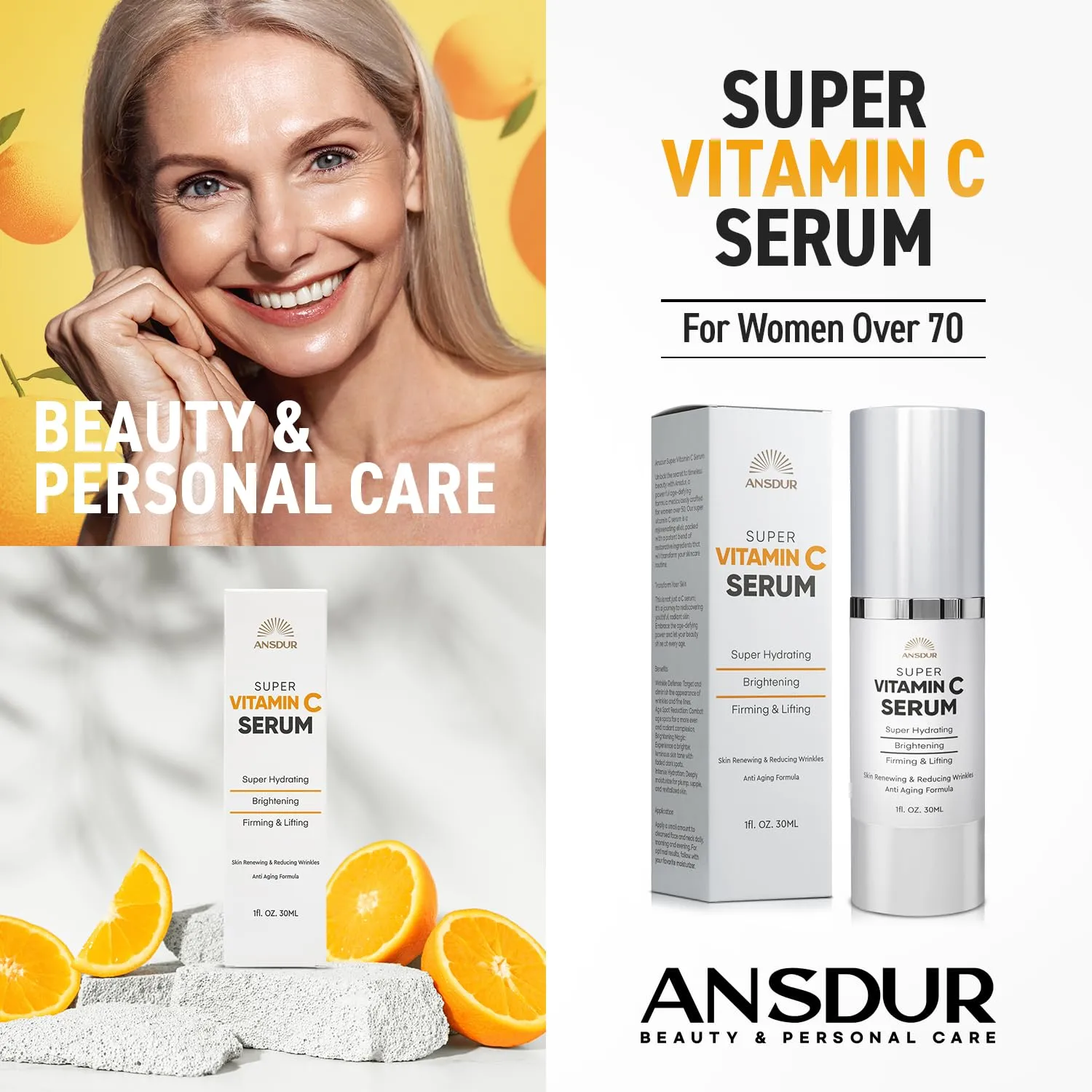 ANSDUR Super Vitamin C Serum for Women Over 70: Vitamin C Face Serum, Niacinamide, Bakuchiol, Hyaluronic Acid, Hydrating, Lifting, Reduces Aging Spots and Wrinkles - Korean Skin Care, 1 fl oz