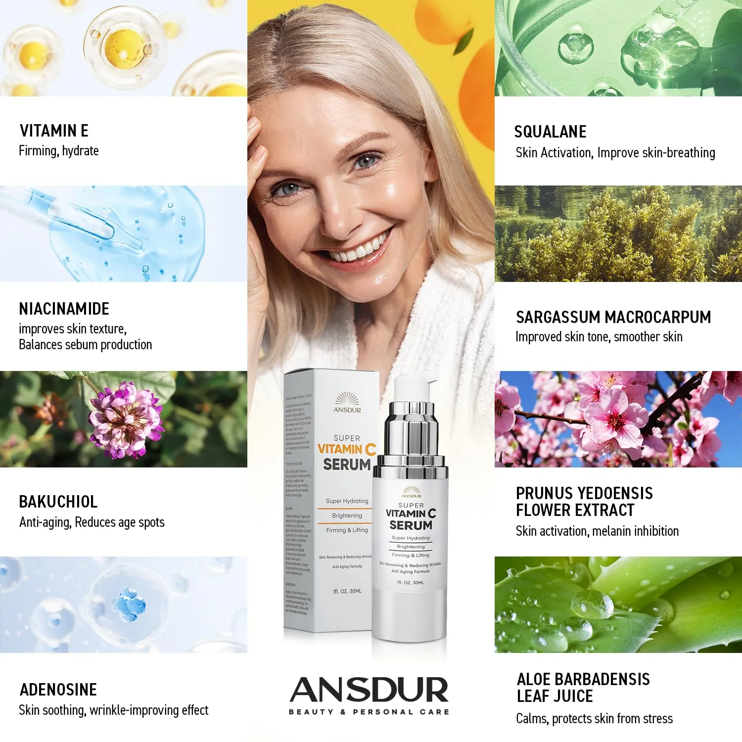 ANSDUR Super Vitamin C Serum for Women Over 70: Vitamin C Face Serum, Niacinamide, Bakuchiol, Hyaluronic Acid, Hydrating, Lifting, Reduces Aging Spots and Wrinkles - Korean Skin Care, 1 fl oz