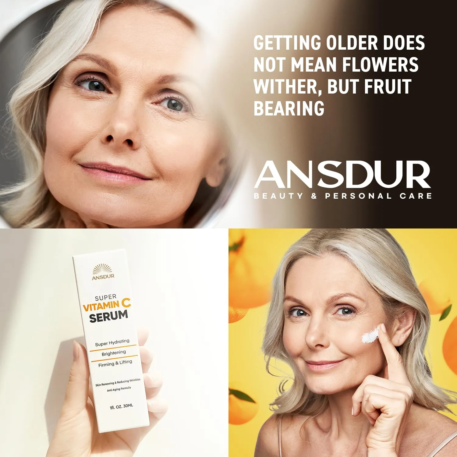 ANSDUR Super Vitamin C Serum for Women Over 70: Vitamin C Face Serum, Niacinamide, Bakuchiol, Hyaluronic Acid, Hydrating, Lifting, Reduces Aging Spots and Wrinkles - Korean Skin Care, 1 fl oz