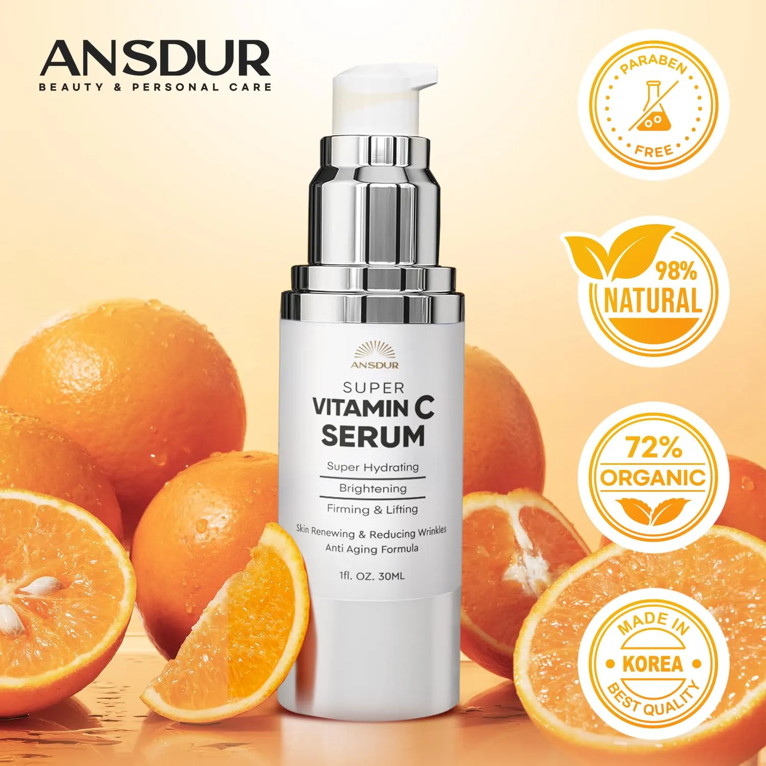 ANSDUR Super Vitamin C Serum for Women Over 70: Vitamin C Face Serum, Niacinamide, Bakuchiol, Hyaluronic Acid, Hydrating, Lifting, Reduces Aging Spots and Wrinkles - Korean Skin Care, 1 fl oz