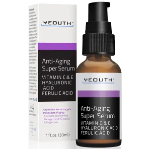 Anti-aging Super Serum, Ferulic Acid, Vitamin C, Vitamin E, Hyaluronic Acid by YEOUTH. Night Cream and Day Cream. Face Cream Reduces Visible Signs Of Aging, Wrinkles, Fine Lines - 1oz