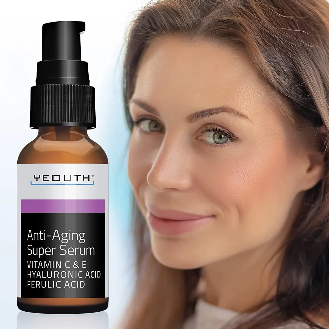 Anti-aging Super Serum, Ferulic Acid, Vitamin C, Vitamin E, Hyaluronic Acid by YEOUTH. Night Cream and Day Cream. Face Cream Reduces Visible Signs Of Aging, Wrinkles, Fine Lines - 1oz