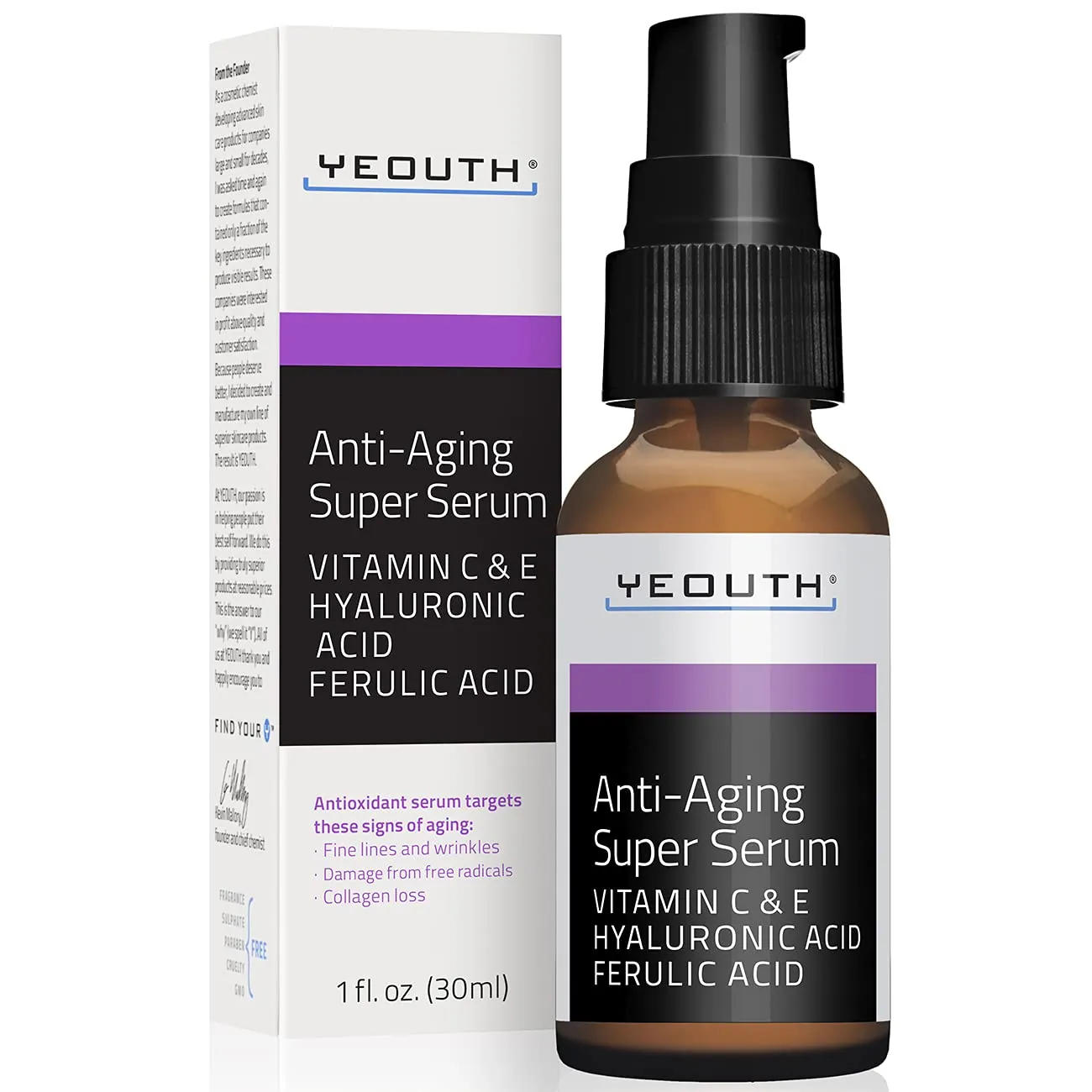 Anti-aging Super Serum, Ferulic Acid, Vitamin C, Vitamin E, Hyaluronic Acid by YEOUTH. Night Cream and Day Cream. Face Cream Reduces Visible Signs Of Aging, Wrinkles, Fine Lines - 1oz