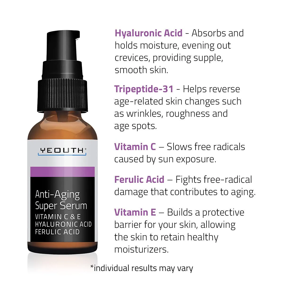 Anti-aging Super Serum, Ferulic Acid, Vitamin C, Vitamin E, Hyaluronic Acid by YEOUTH. Night Cream and Day Cream. Face Cream Reduces Visible Signs Of Aging, Wrinkles, Fine Lines - 1oz