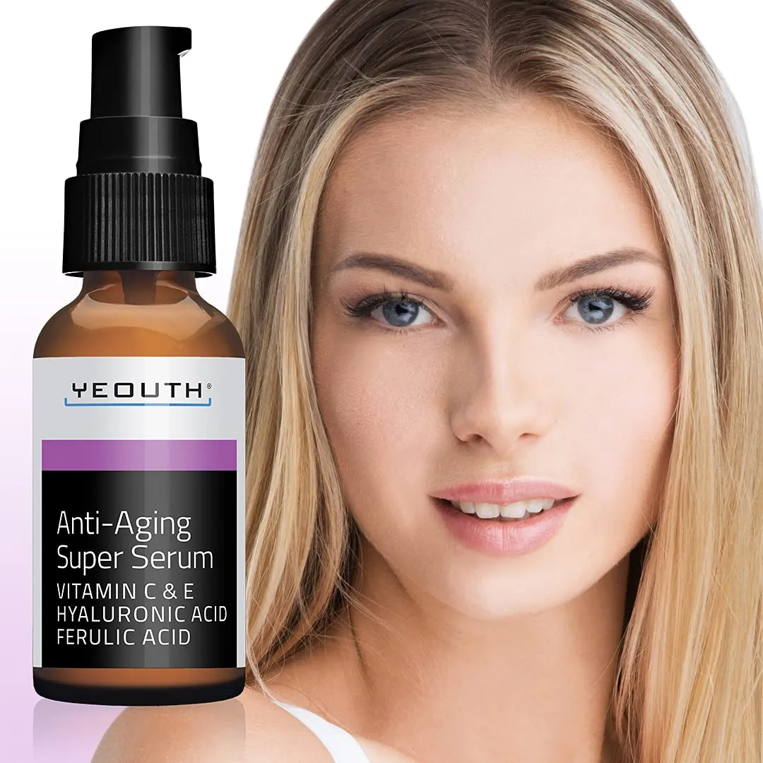 Anti-aging Super Serum, Ferulic Acid, Vitamin C, Vitamin E, Hyaluronic Acid by YEOUTH. Night Cream and Day Cream. Face Cream Reduces Visible Signs Of Aging, Wrinkles, Fine Lines - 1oz