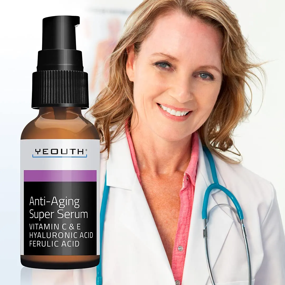 Anti-aging Super Serum, Ferulic Acid, Vitamin C, Vitamin E, Hyaluronic Acid by YEOUTH. Night Cream and Day Cream. Face Cream Reduces Visible Signs Of Aging, Wrinkles, Fine Lines - 1oz