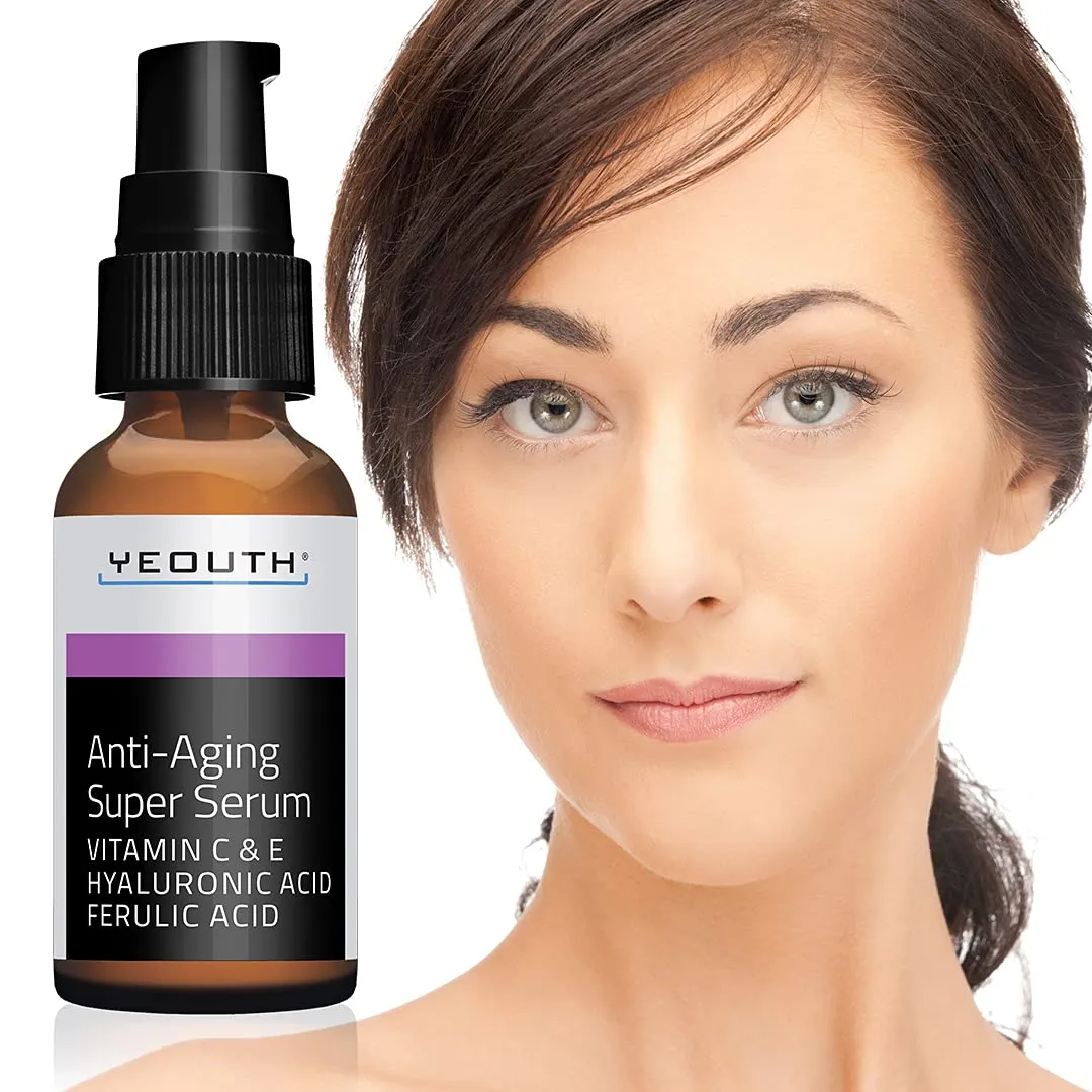 Anti-aging Super Serum, Ferulic Acid, Vitamin C, Vitamin E, Hyaluronic Acid by YEOUTH. Night Cream and Day Cream. Face Cream Reduces Visible Signs Of Aging, Wrinkles, Fine Lines - 1oz