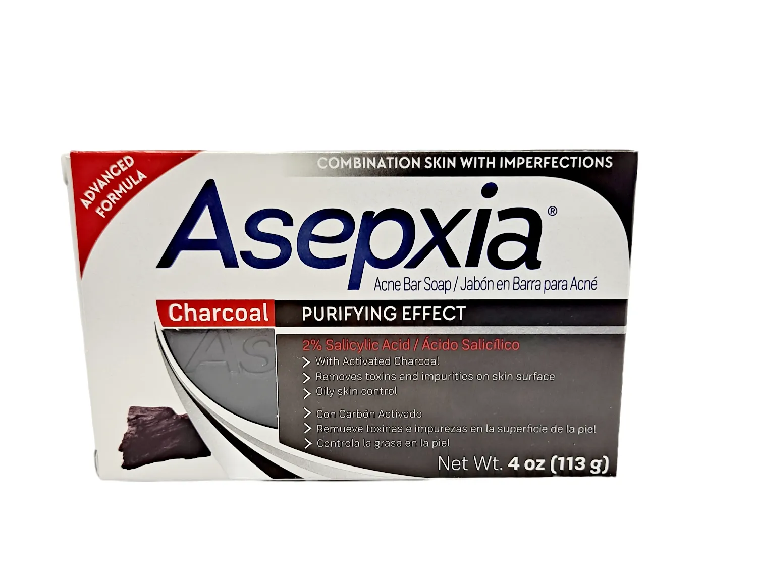 Asepxia Charcoal Acne Bar Soap /Purifying Efect 2% Salicylic Acid/ 4oz