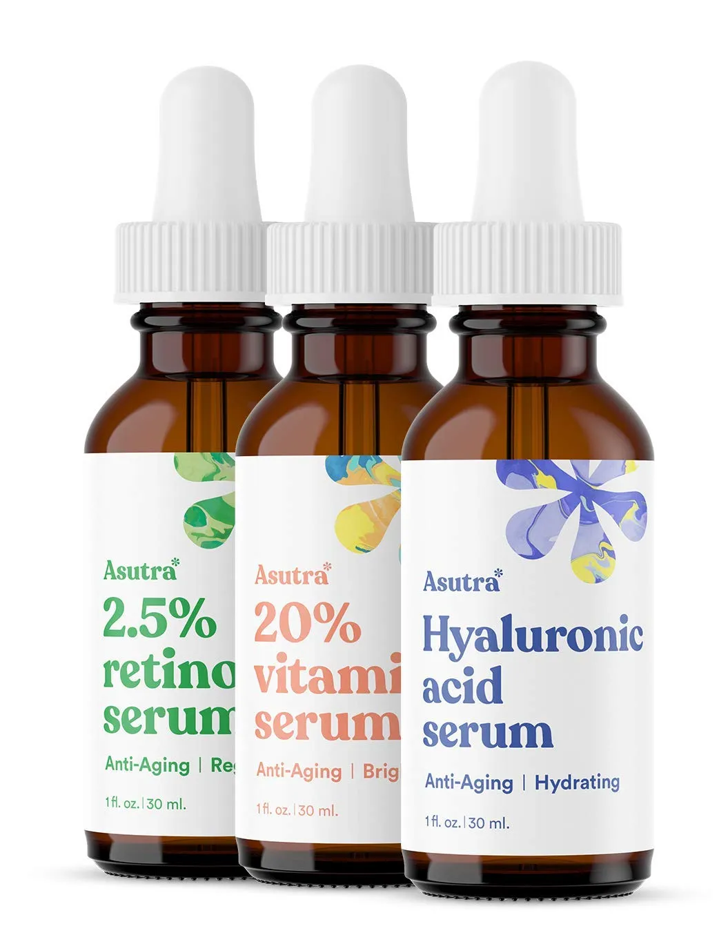 ASUTRA Serum Variety Pack, 3 Products - 1 fl oz 2.5% Retinol Face Serum, 1 lf oz 20% Vitamin C Face Serum, 1 fl oz Hyaluronic Acid Face Serum