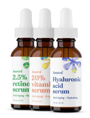 ASUTRA Serum Variety Pack, 3 Products - 1 fl oz 2.5% Retinol Face Serum, 1 lf oz 20% Vitamin C Face Serum, 1 fl oz Hyaluronic Acid Face Serum
