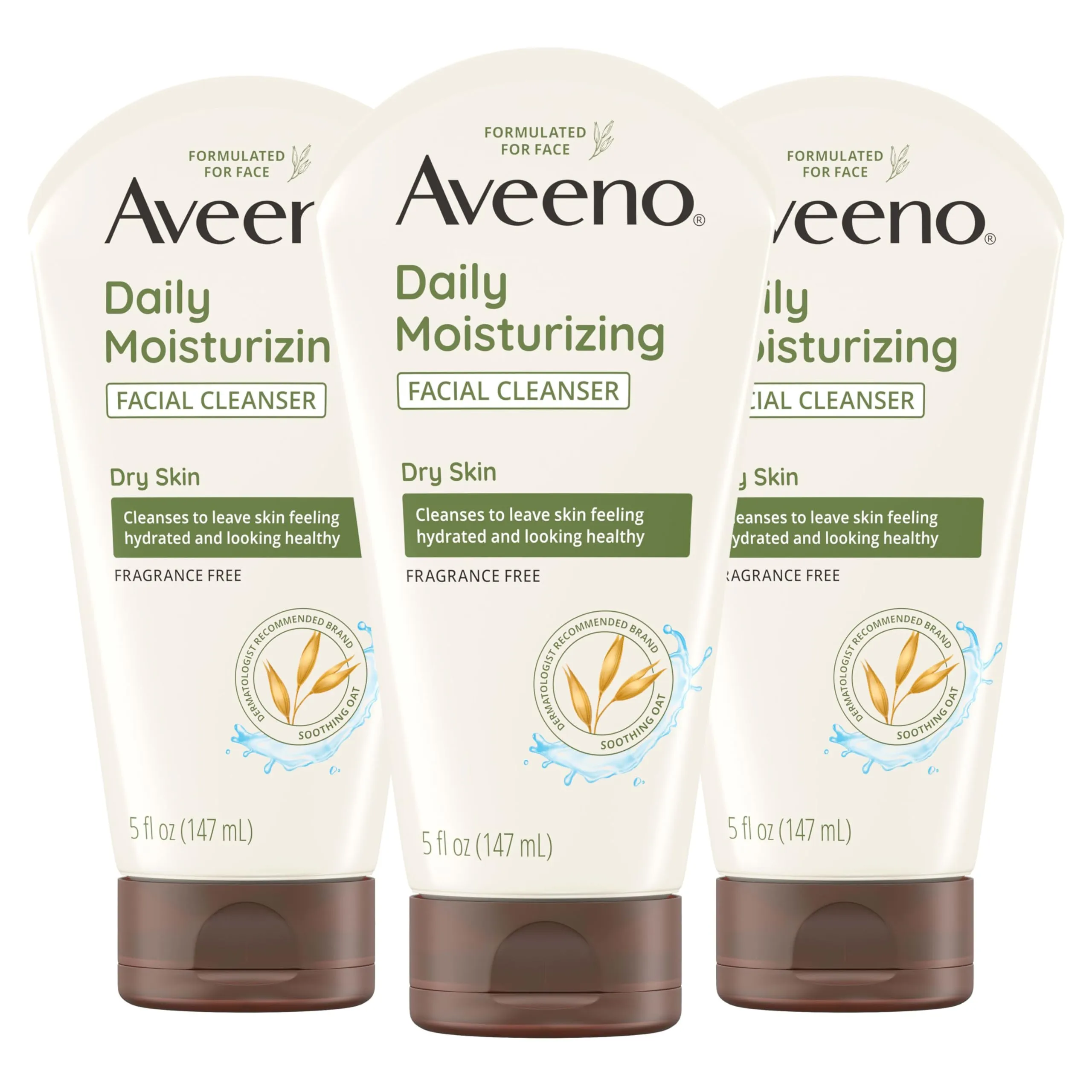 Aveeno Daily Moisturizing Facial Cleanser for Dry Skin, Hydrating Acne Face Wash with Soothing Oat for soft & Supple Skin, Free of Parabens, Sulfates, Fragrance, Dyes & Soaps, 5 fl. oz, 3 Pack