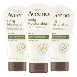 Aveeno Daily Moisturizing Facial Cleanser for Dry Skin, Hydrating Acne Face Wash with Soothing Oat for soft & Supple Skin, Free of Parabens, Sulfates, Fragrance, Dyes & Soaps, 5 fl. oz, 3 Pack