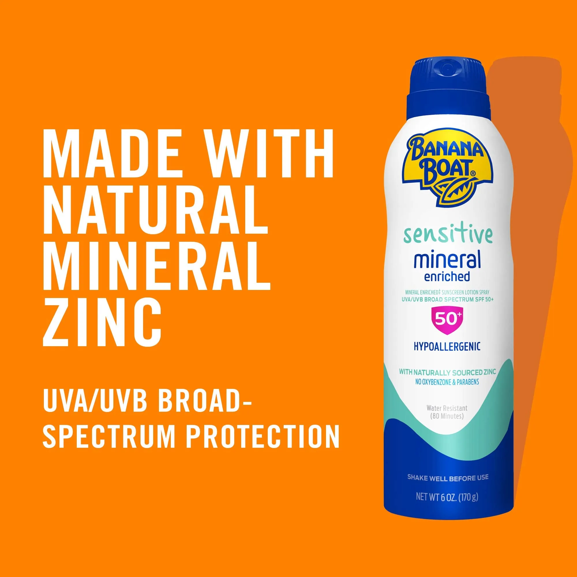 Banana Boat Mineral Enriched Sunscreen, Sensitive Skin, Broad Spectrum Spray, SPF 50, 6oz. - Twin Pack