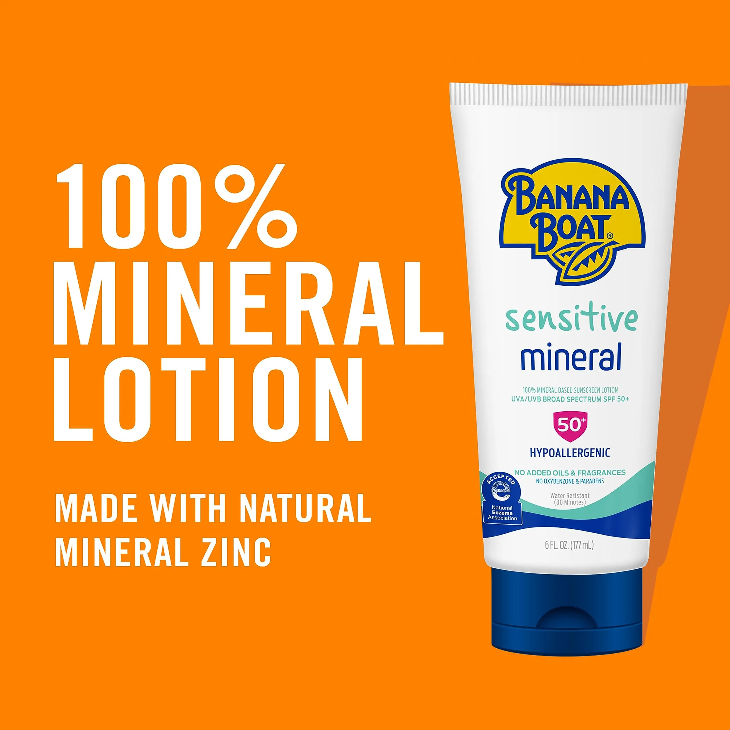 Banana Boat Sensitive 100% Mineral Sunscreen Lotion SPF 50 Twin Pack | Body Sunscreen, Sensitive Skin Sunblock, Oxybenzone Free Sunscreen, Banana Boat Mineral Sunscreen SPF 50, 6oz each