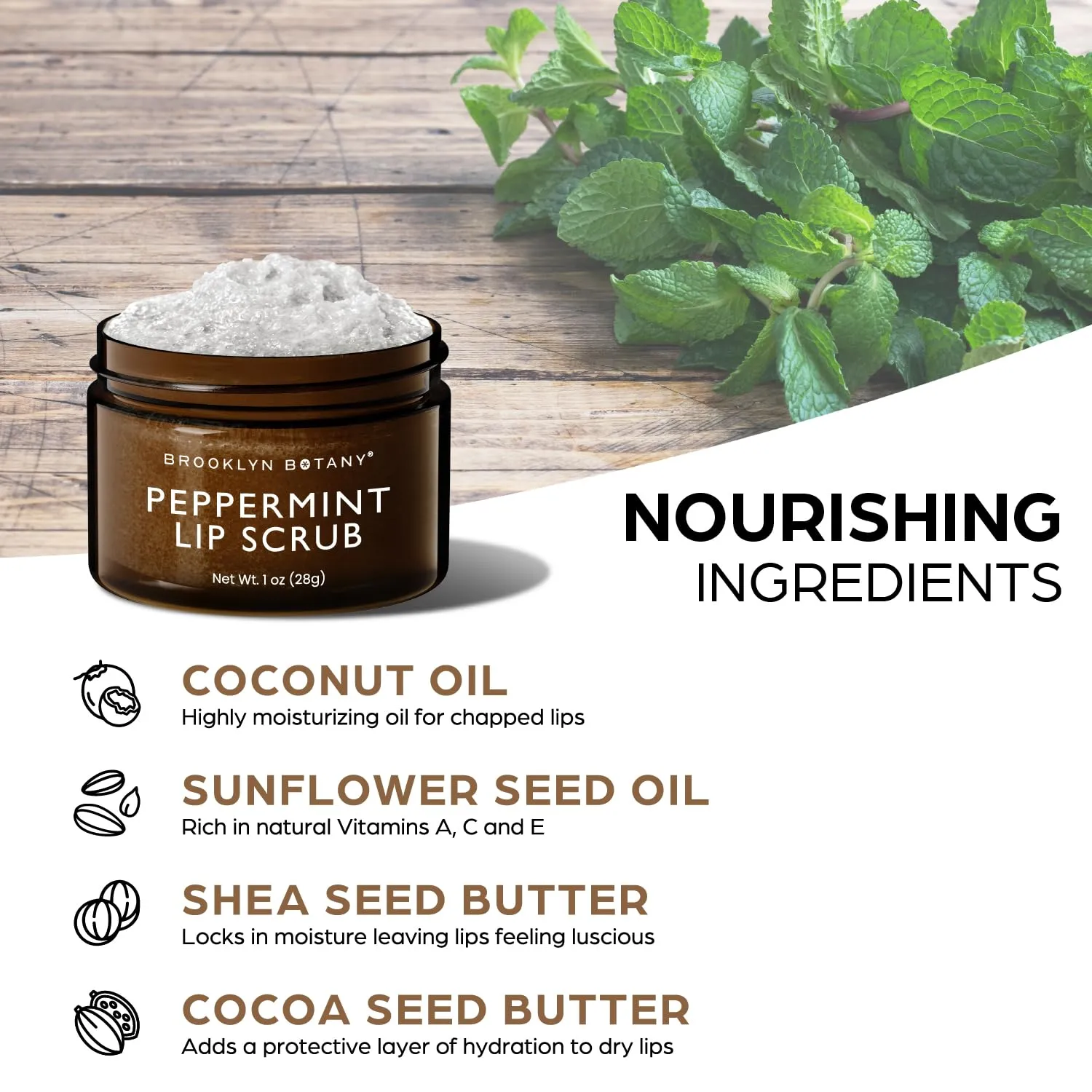Brooklyn Botany Lip Scrub Exfoliator 1 oz – Lip Moisturizer for Dry Lips and Chapped Lips – Gentle Lip Exfoliator for Smooth and Brighter Lips – Peppermint Flavor