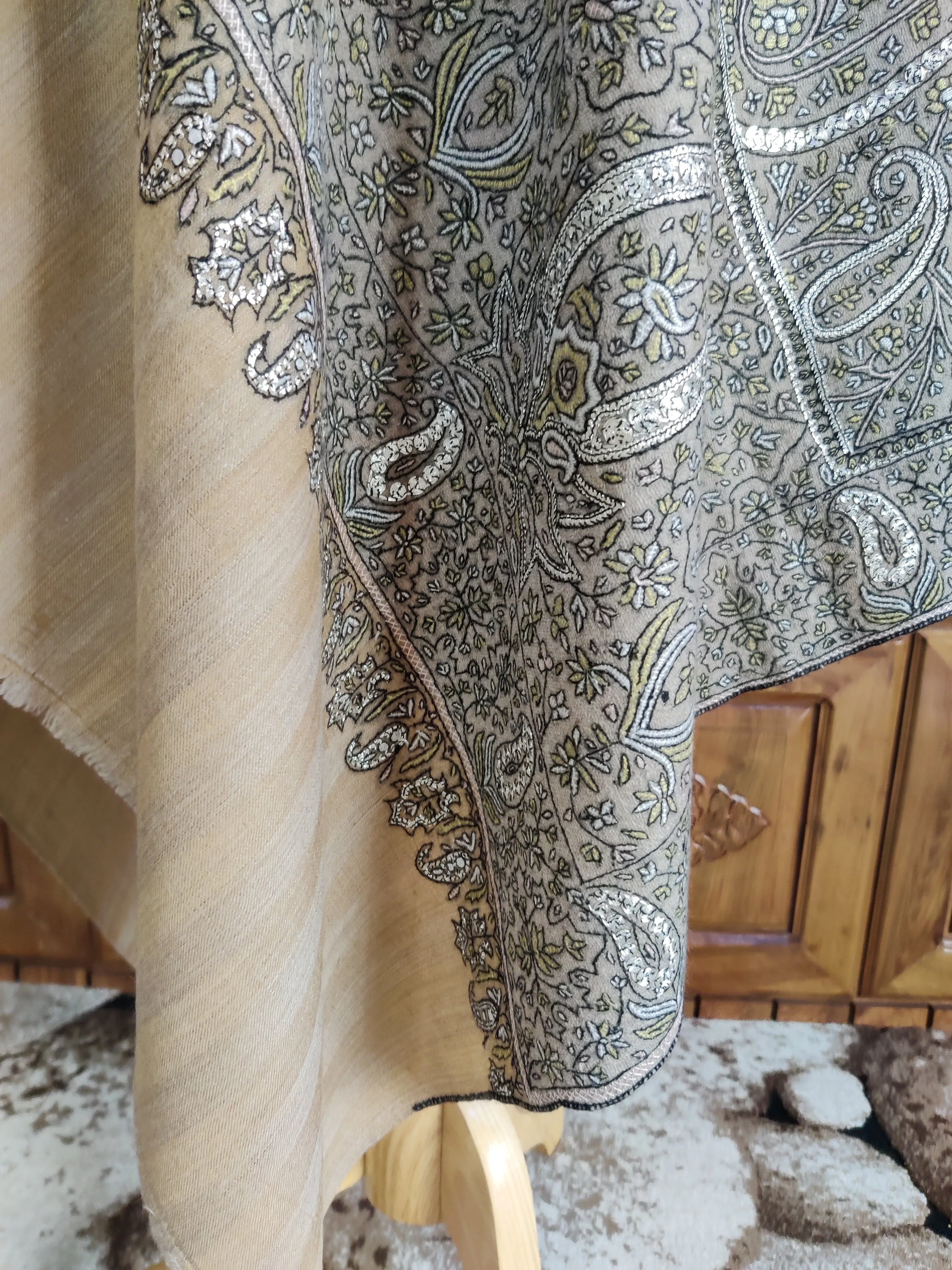 Chandni Raat: Pure Pashmina Shawl with Hand Tilla Embroidery & Sozni Embroidery