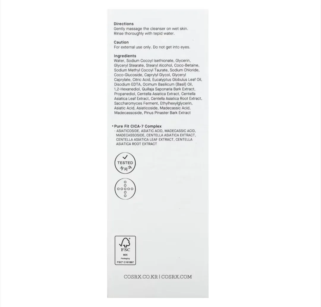 CosRx
Cica Cleanser, Cica-7 Solution, 5.07 fl oz (150 ml