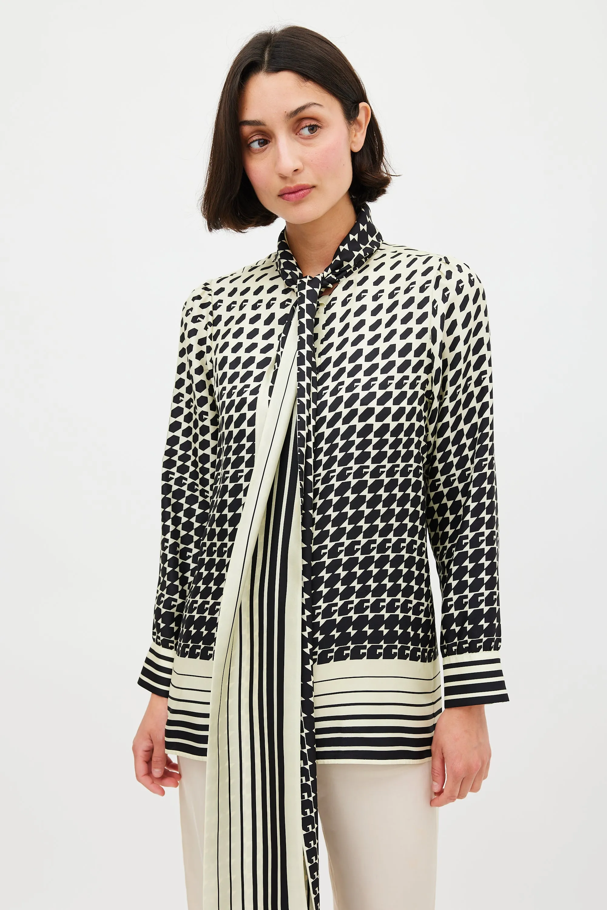 Cream & Black Geometric Tie Neck Shirt