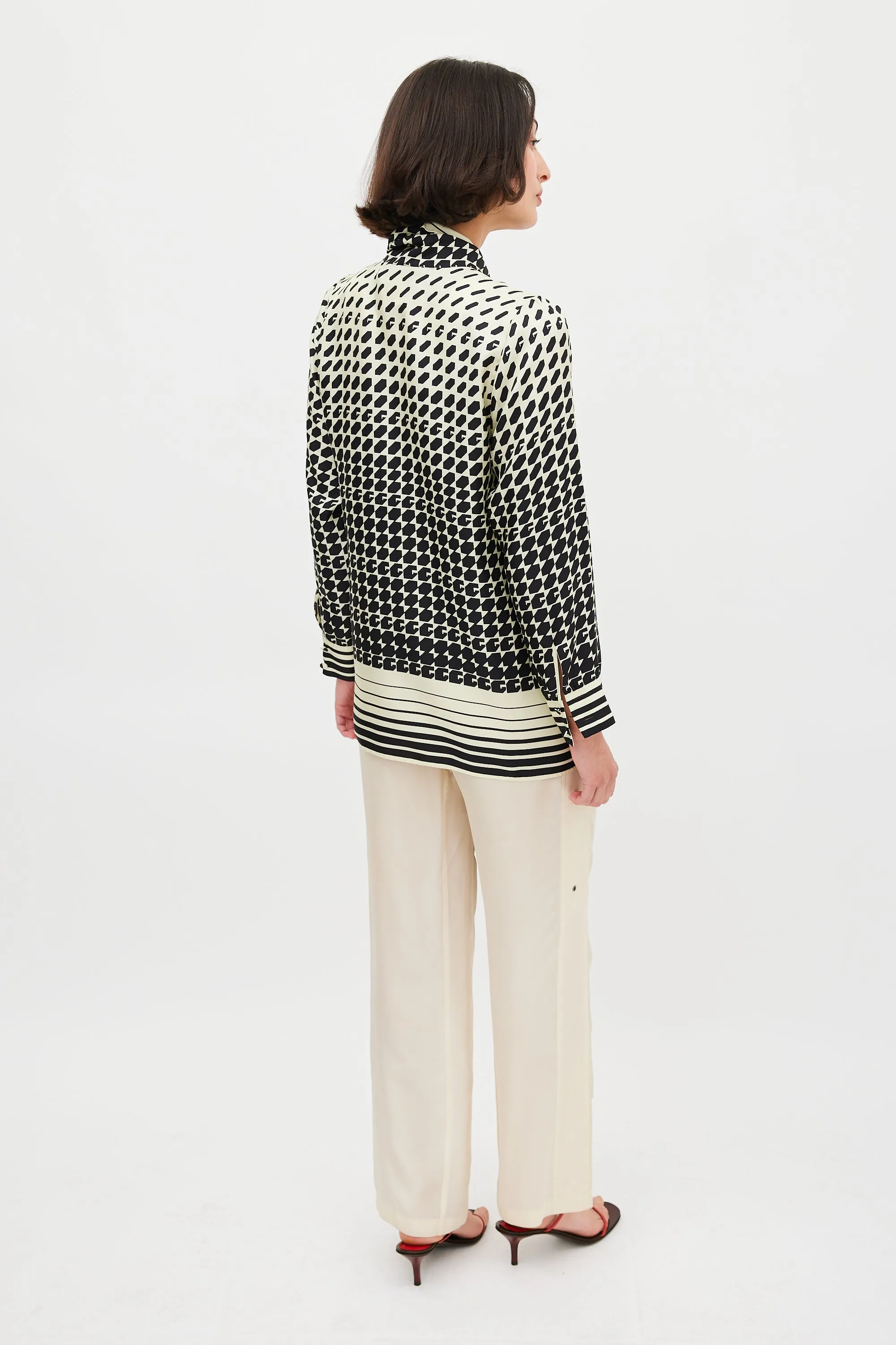 Cream & Black Geometric Tie Neck Shirt