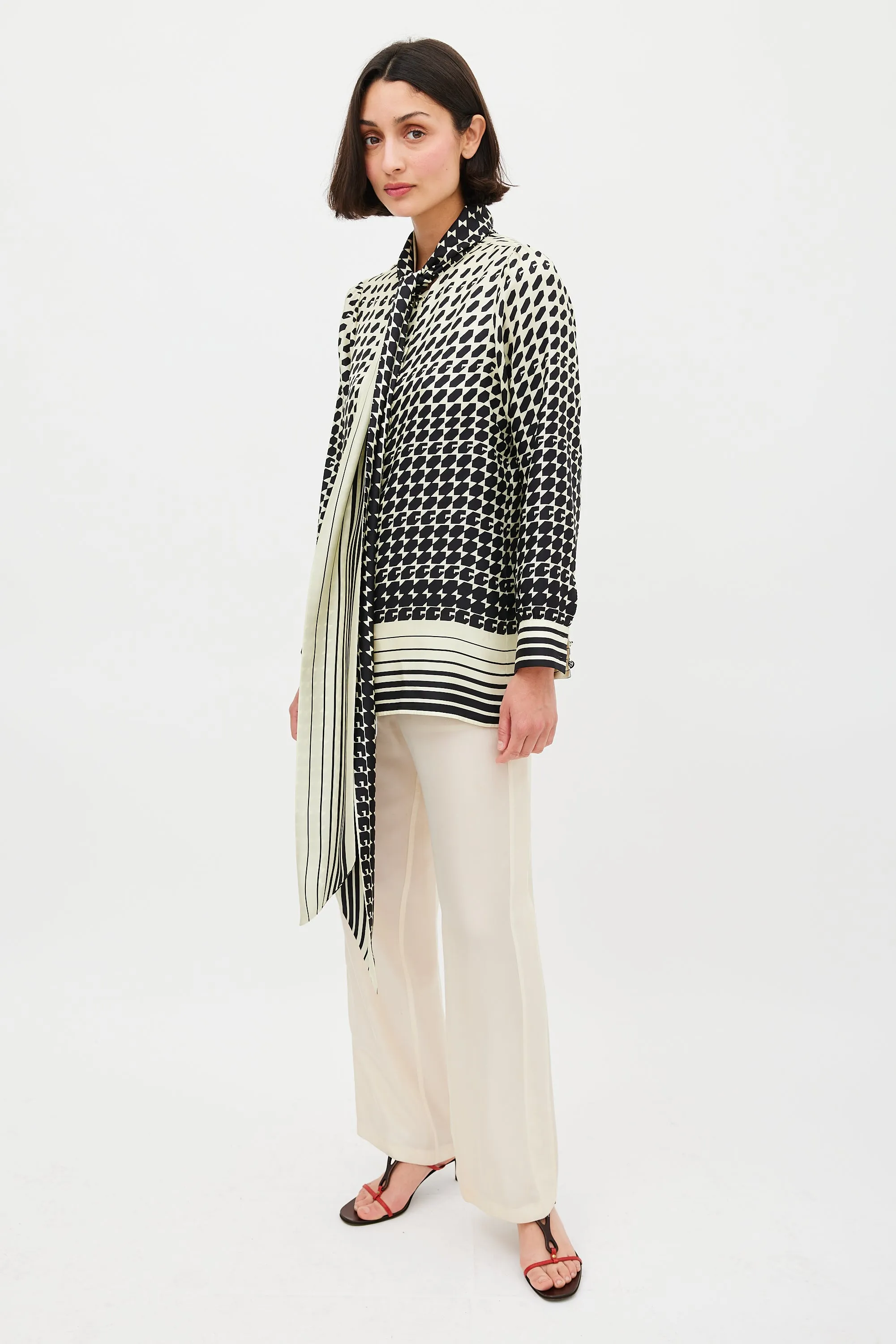 Cream & Black Geometric Tie Neck Shirt