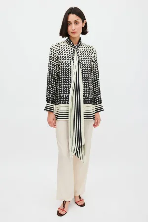 Cream & Black Geometric Tie Neck Shirt