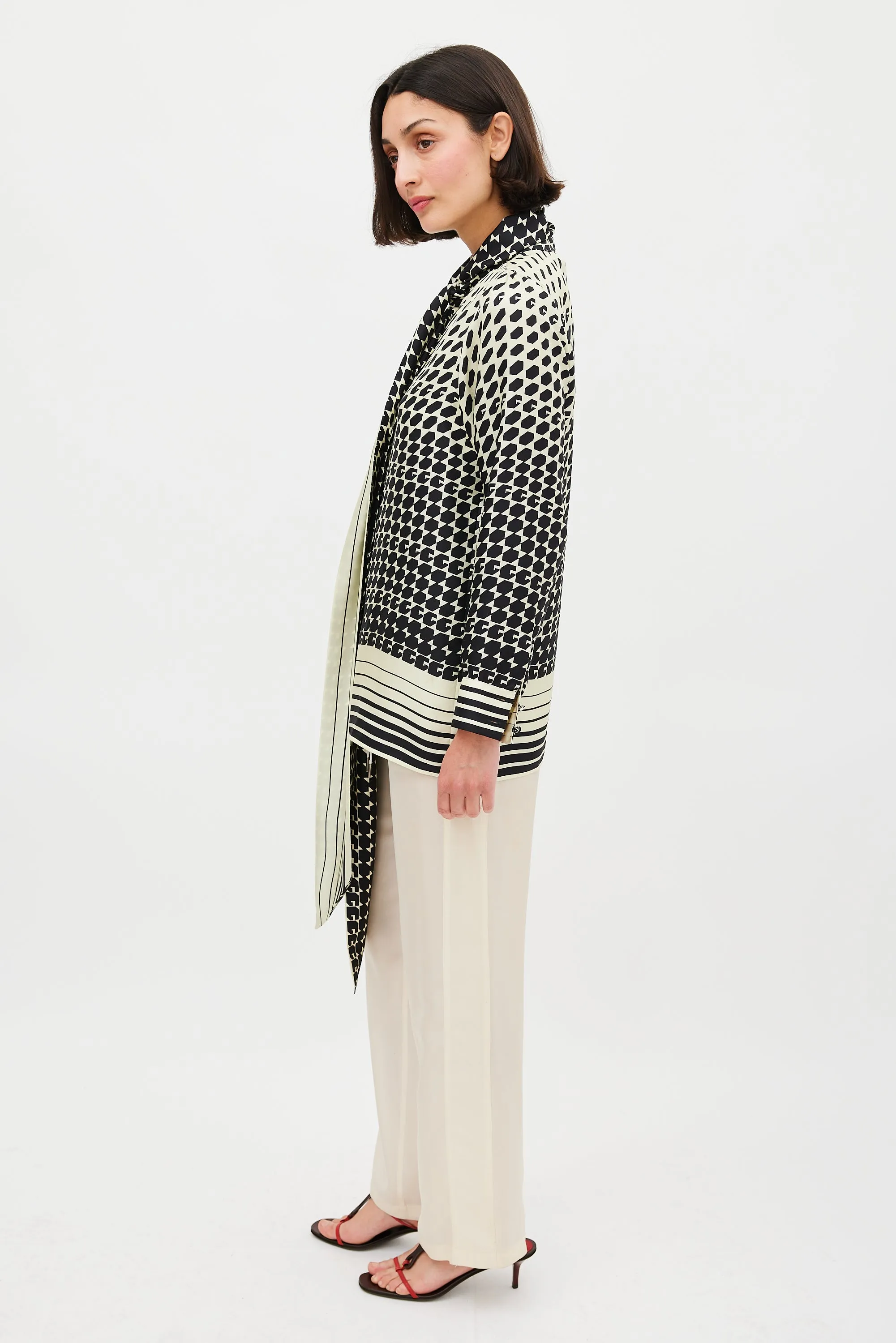 Cream & Black Geometric Tie Neck Shirt