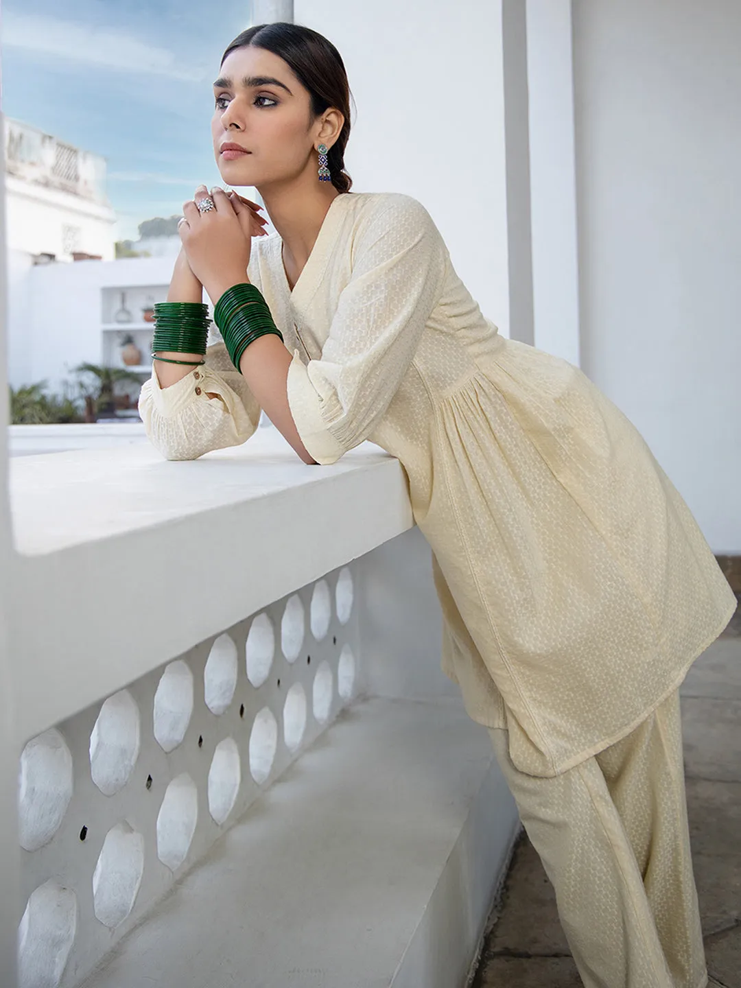 Cream Dobby Cotton A-Line Tunic & Bottom