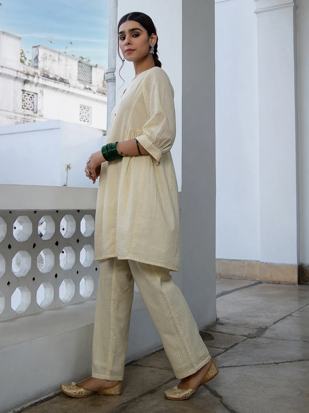 Cream Dobby Cotton A-Line Tunic & Bottom