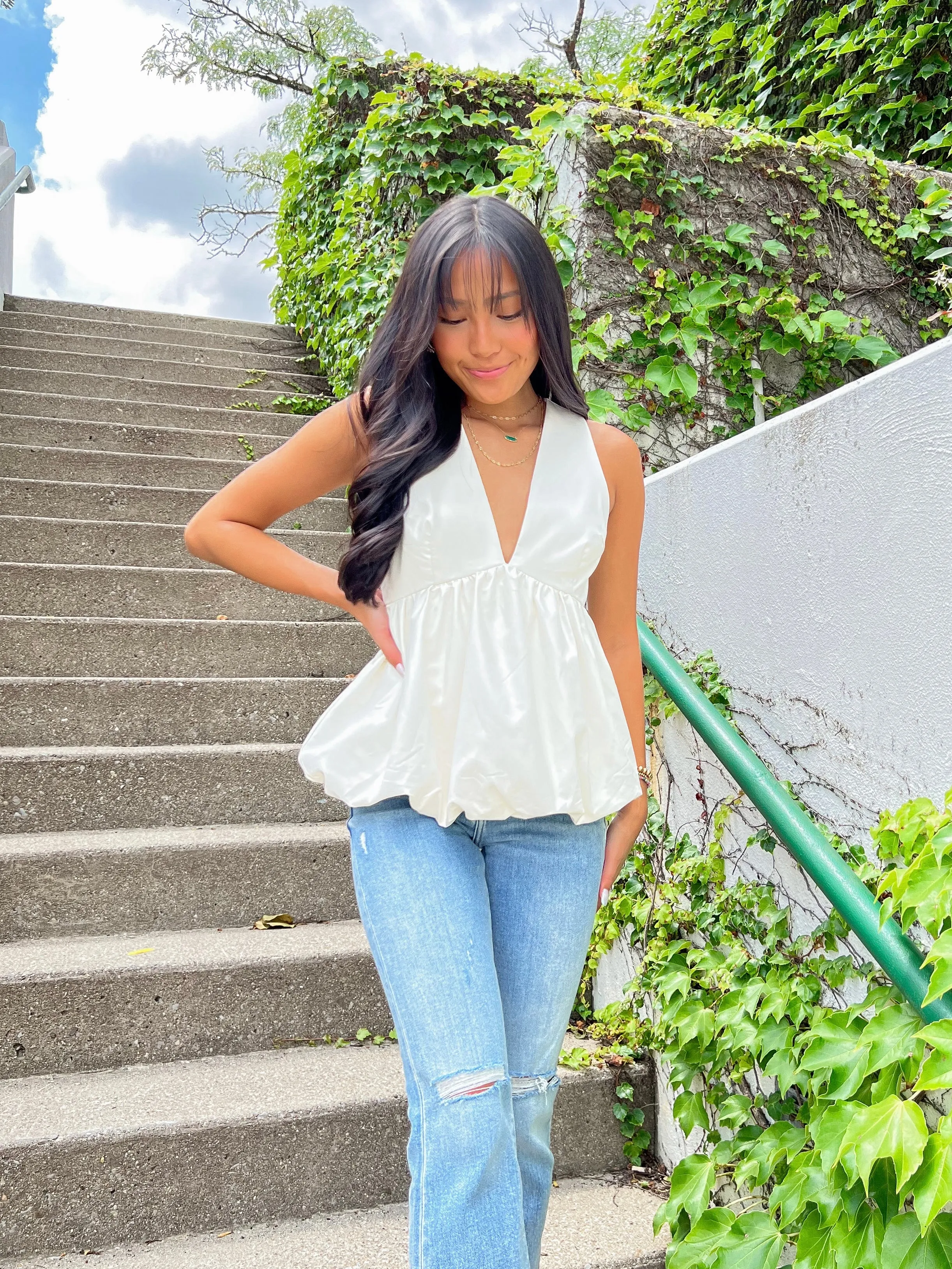 Cream Faux Leather V-Neck Bubble
