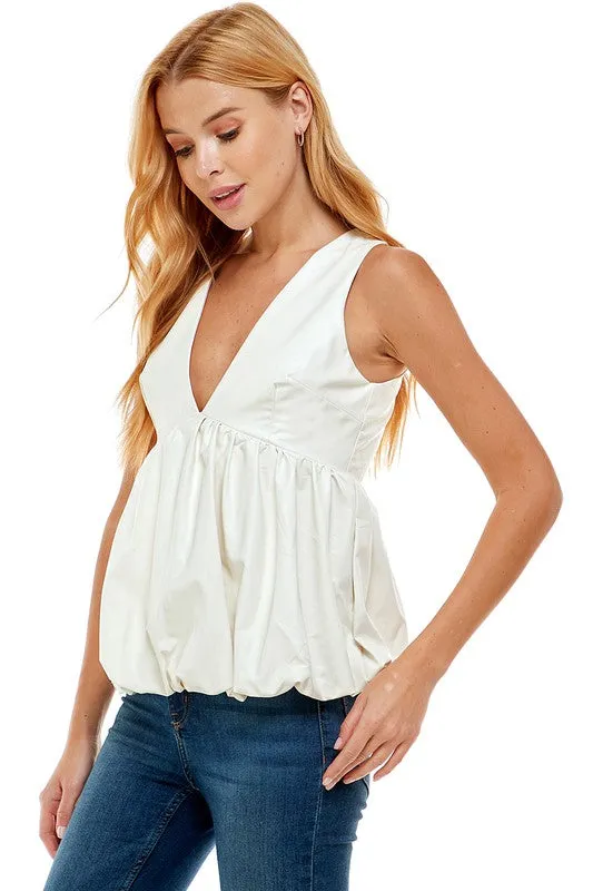 Cream Faux Leather V-Neck Bubble