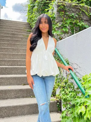 Cream Faux Leather V-Neck Bubble