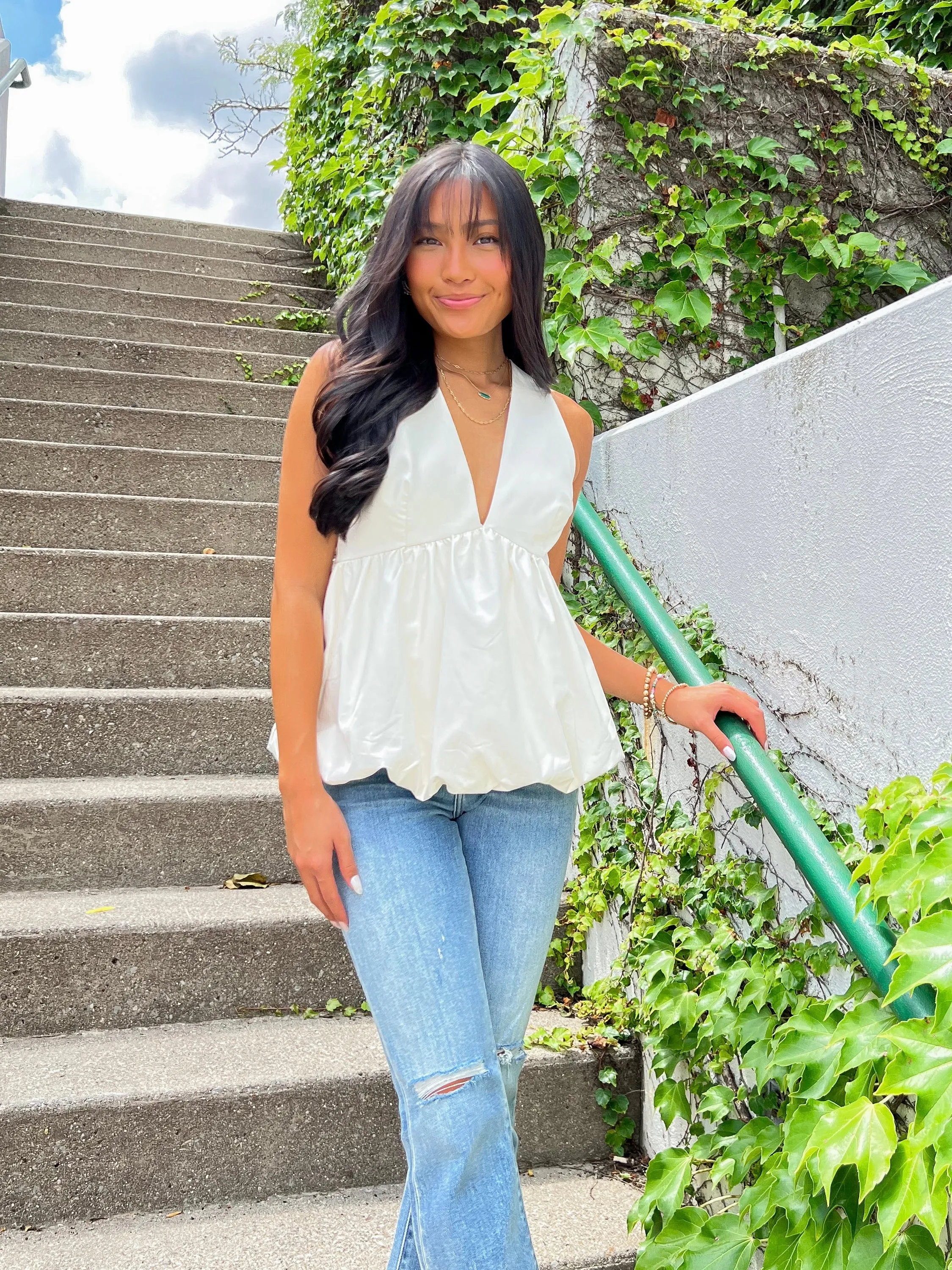 Cream Faux Leather V-Neck Bubble