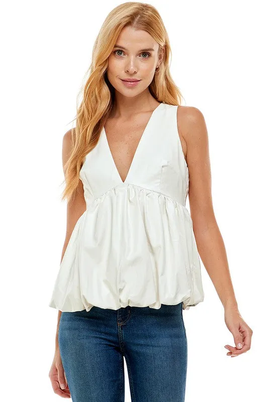 Cream Faux Leather V-Neck Bubble