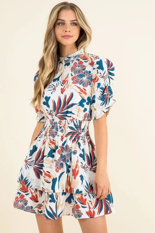 Cream Floral Print Smocked Waist Dress