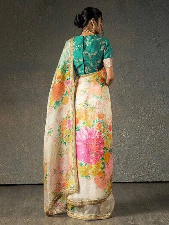 Cream Organza Floral printed Saree