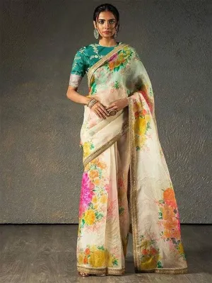 Cream Organza Floral printed Saree