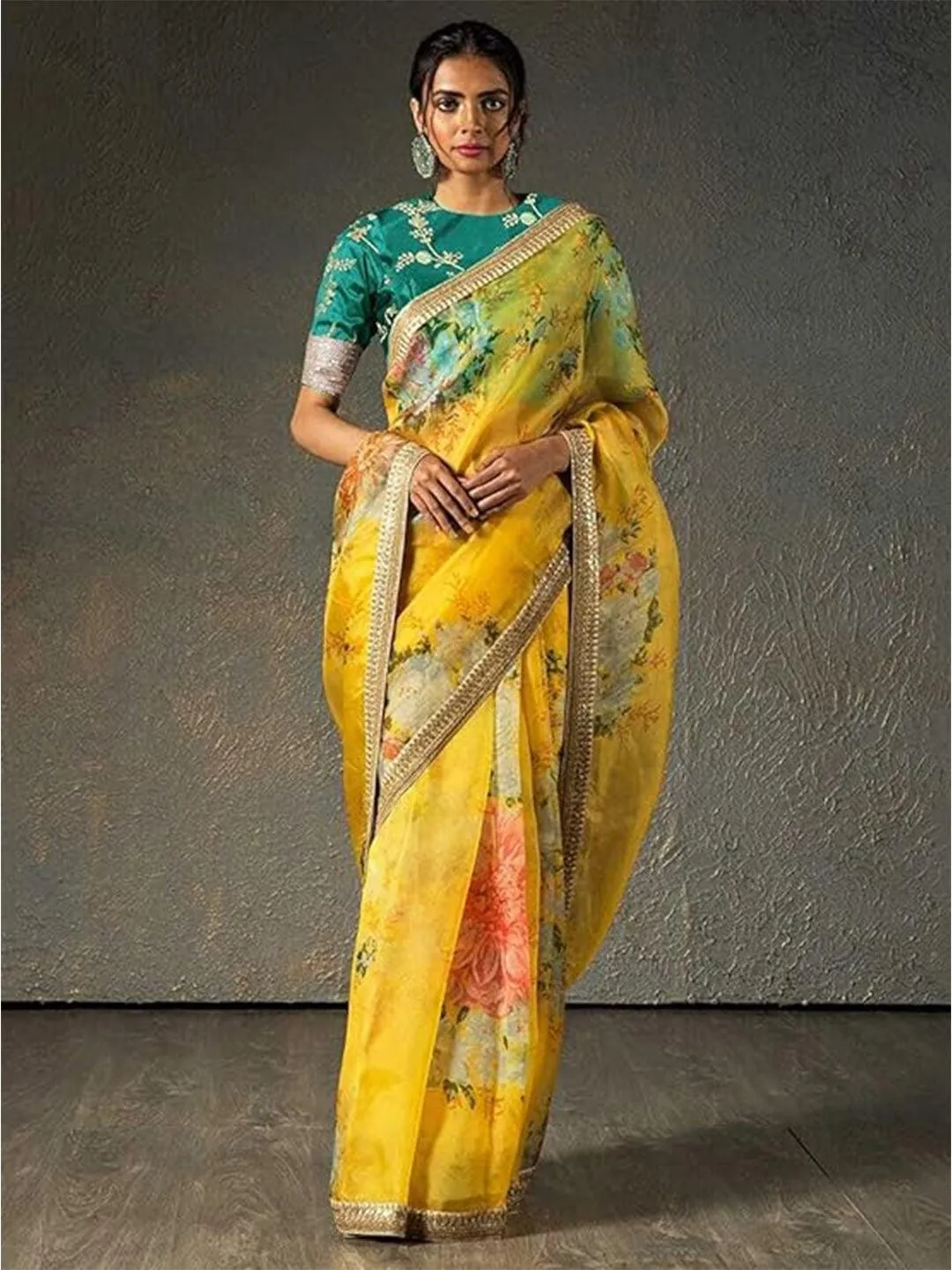 Cream Organza Floral printed Saree