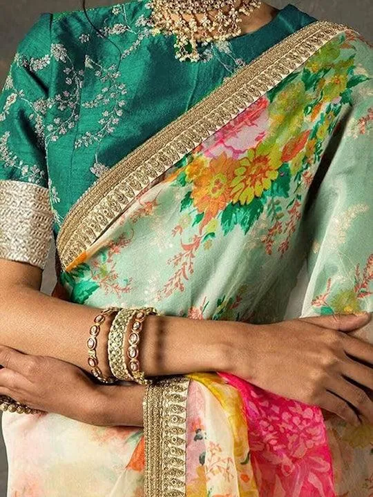 Cream Organza Floral printed Saree