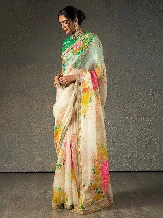 Cream Organza Floral printed Saree