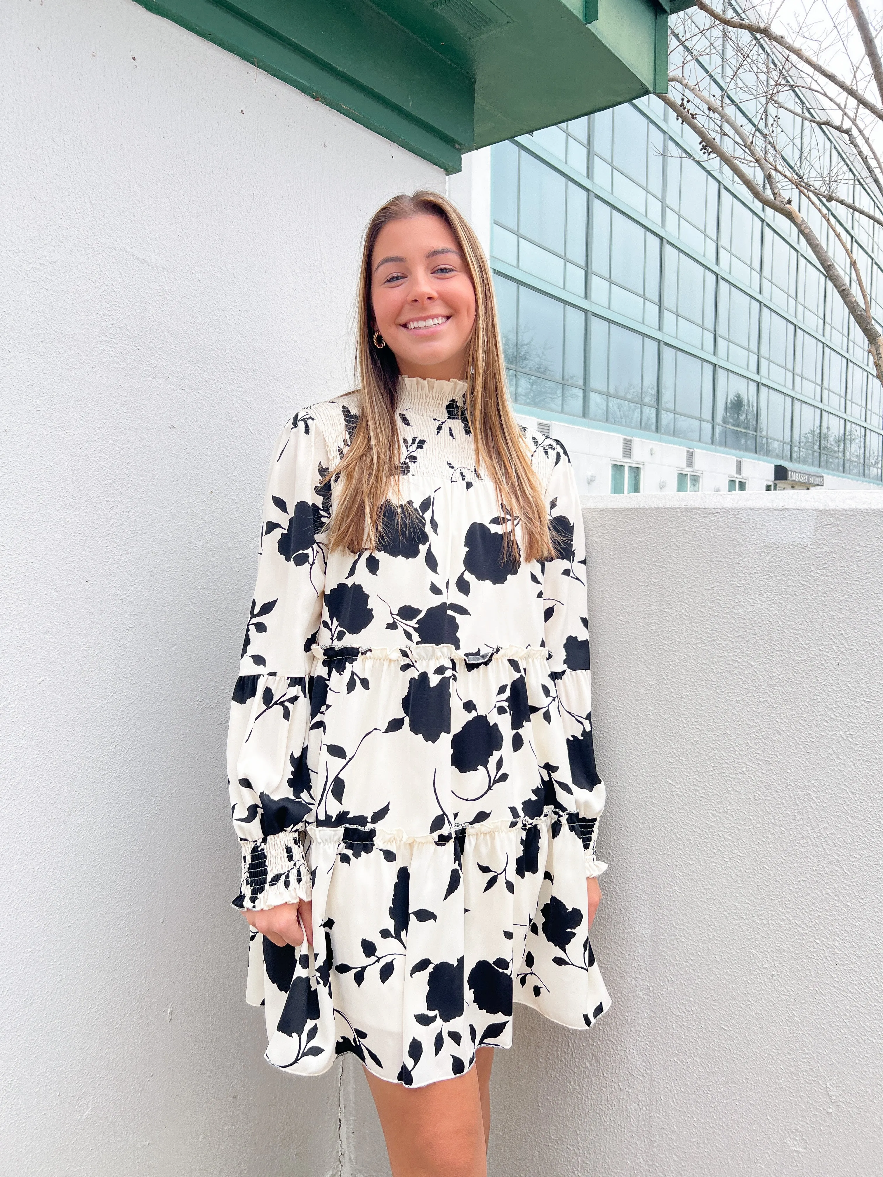 Cream/Black Floral Mock Neck Tiered Dress