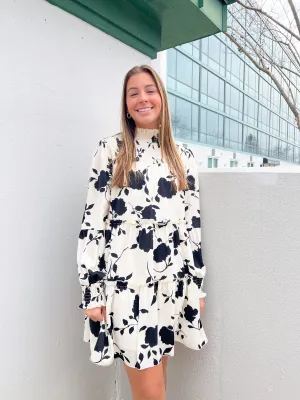 Cream/Black Floral Mock Neck Tiered Dress