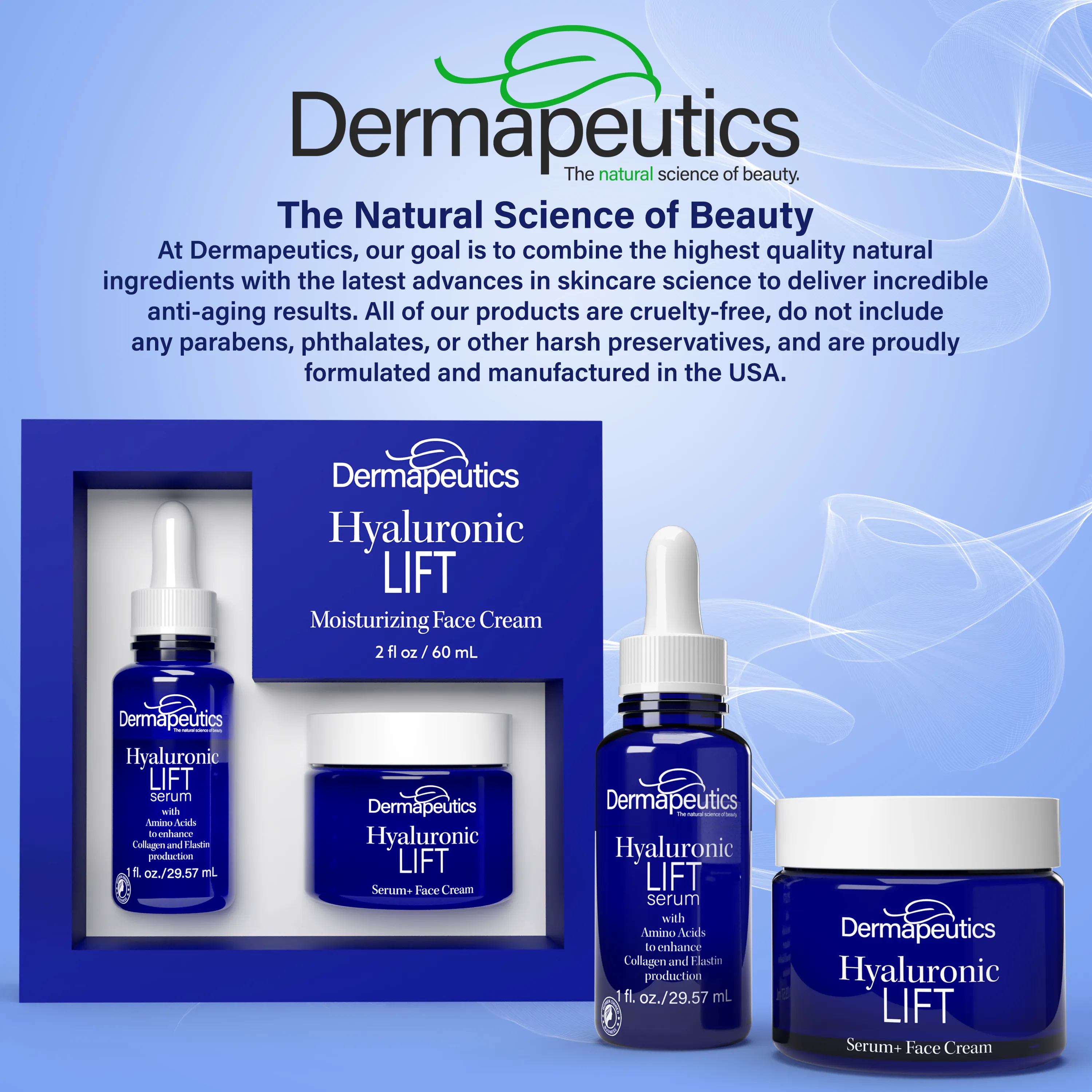 Dermapeutics Hyaluronic Lift Serum & Moisturizing Cream Kit for Face, 1 ounce serum, 2 ounce cream