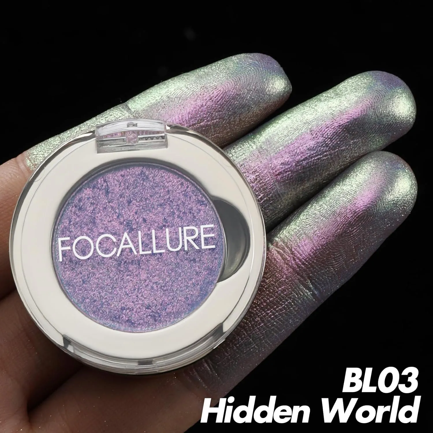FOCALLURE Eyes On Me Pressed Powder Eyeshadow, Shimmery Eye Makeup & Highlight, Long-Lasting, High Pigmented Single Shade Eye Color, Glitter Finish, Hypoallergenic, BL03 Hidden World